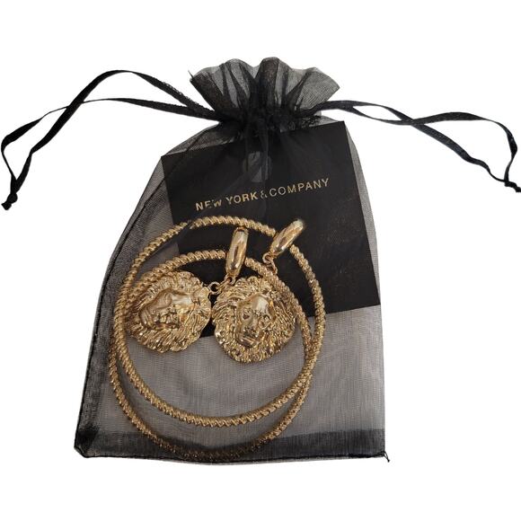 3" Hoop Earrings Gold Large Lion Head Medallion Statement Jewelry , Gift Bag - Picture 10 of 10